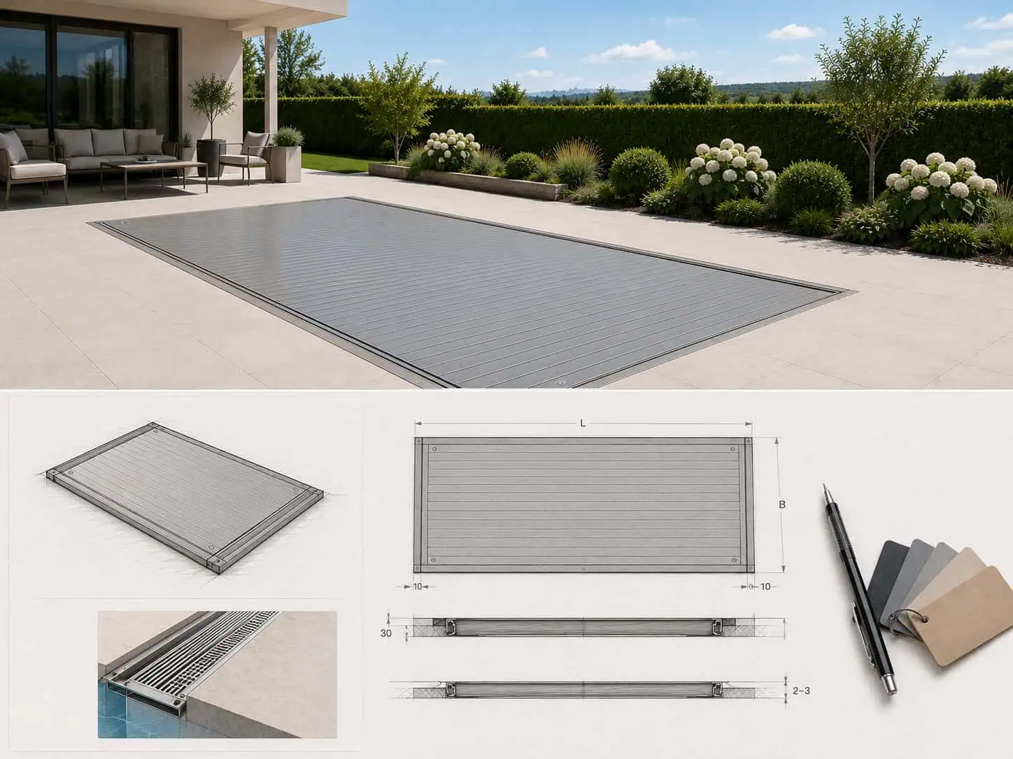 Moderne Poolabdeckung aus hochwertigem Material, perfekt für den Schutz und die Langlebigkeit Ihres Pools, hergestellt mit deutscher Präzision.