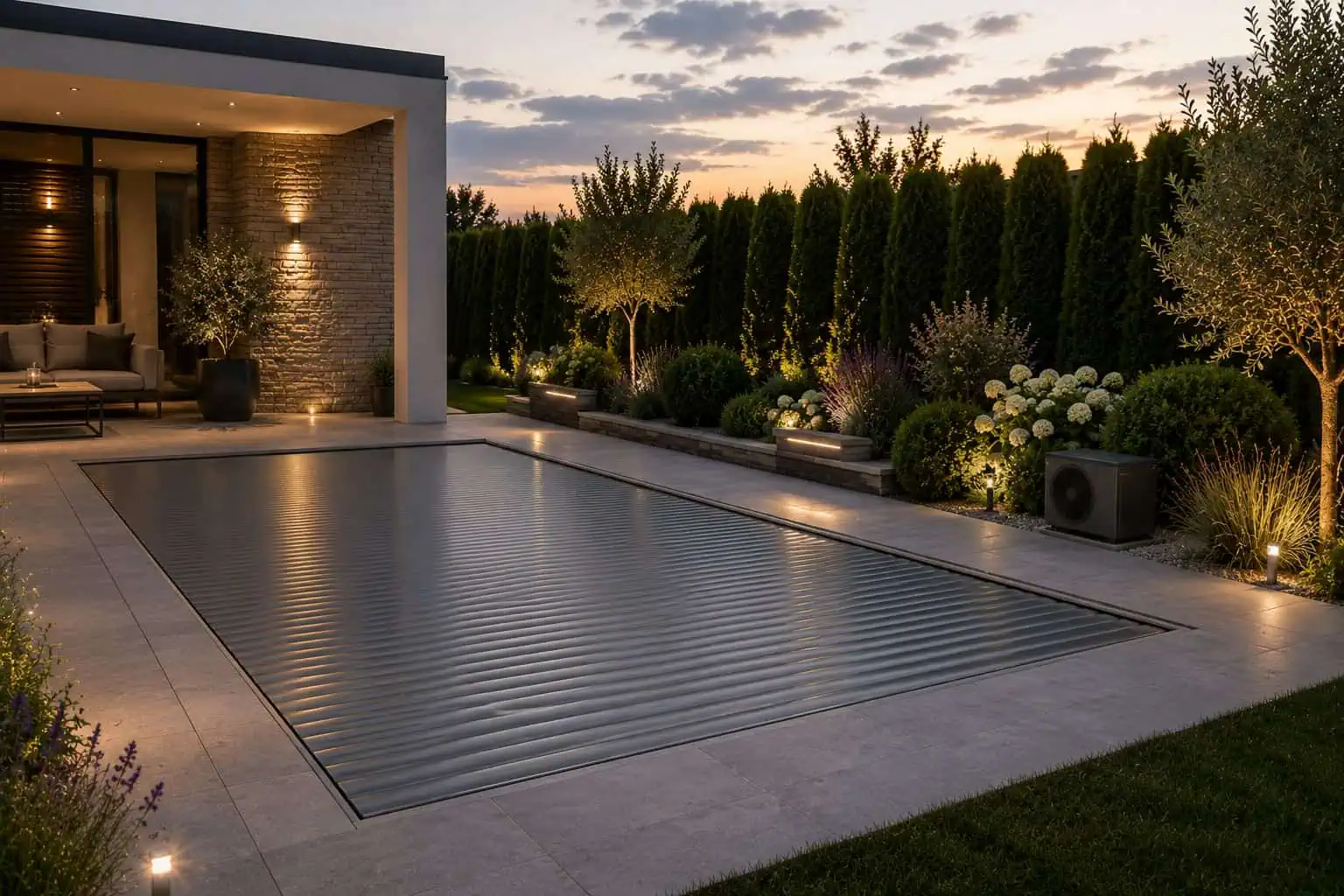 Piscina con copertura e pompa di calore al bordo della piscina