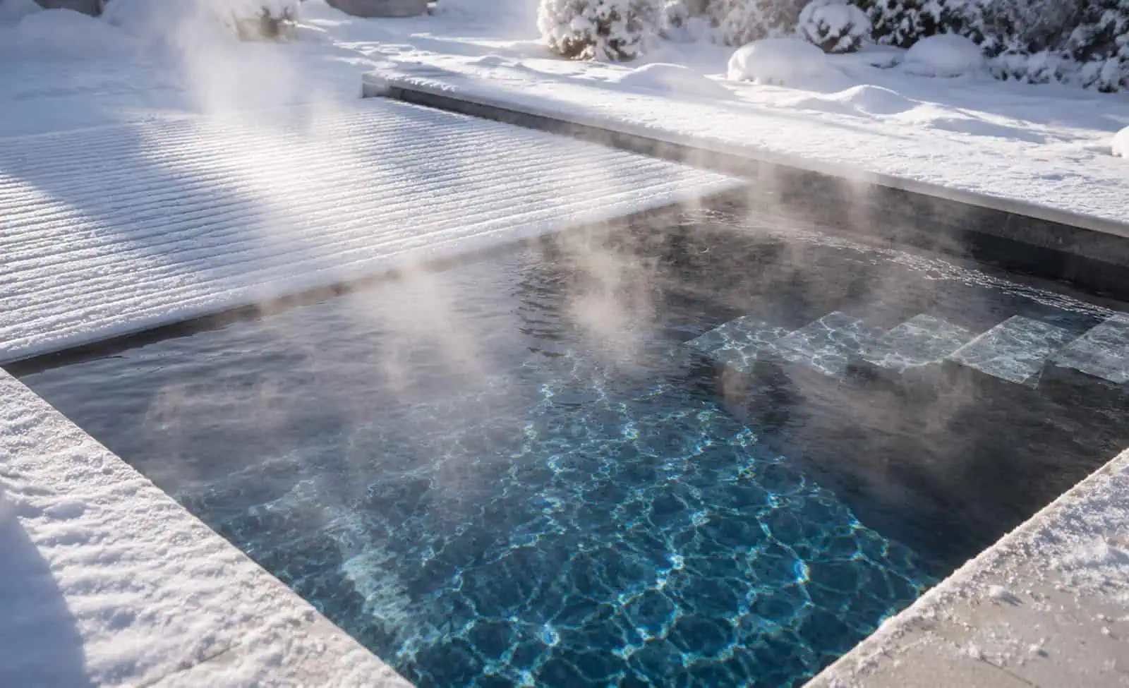 Schneebedeckte ROLLO SOLAR Abdeckung an einem dampfenden Pool im Winter