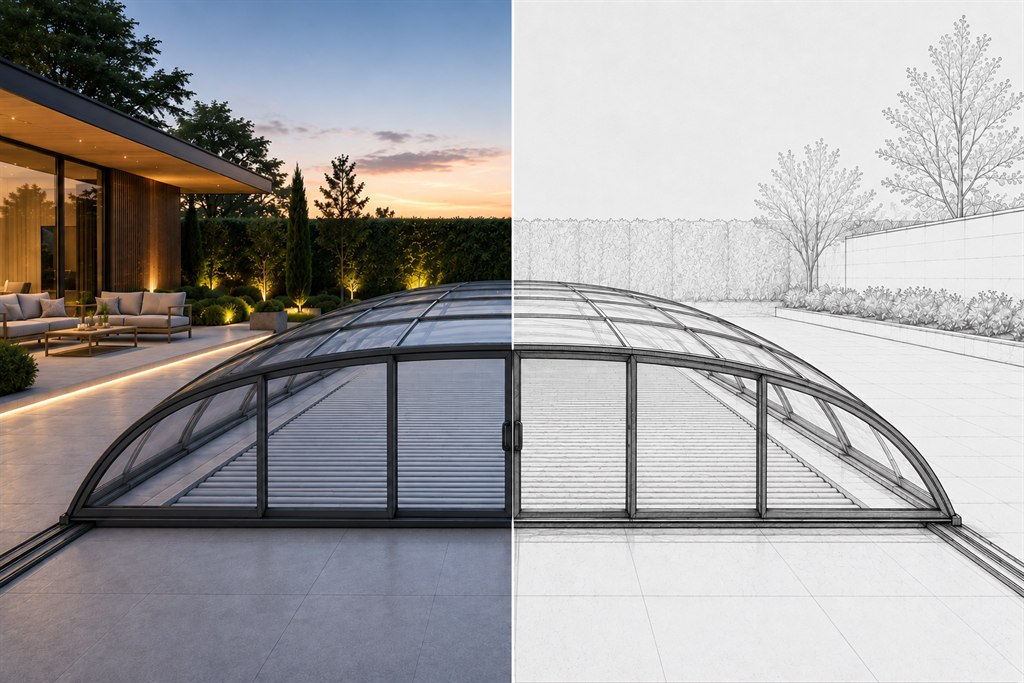 Poolüberdachung über geschlossener Lamellenabdeckung — links als Foto, rechts als technische Zeichnung