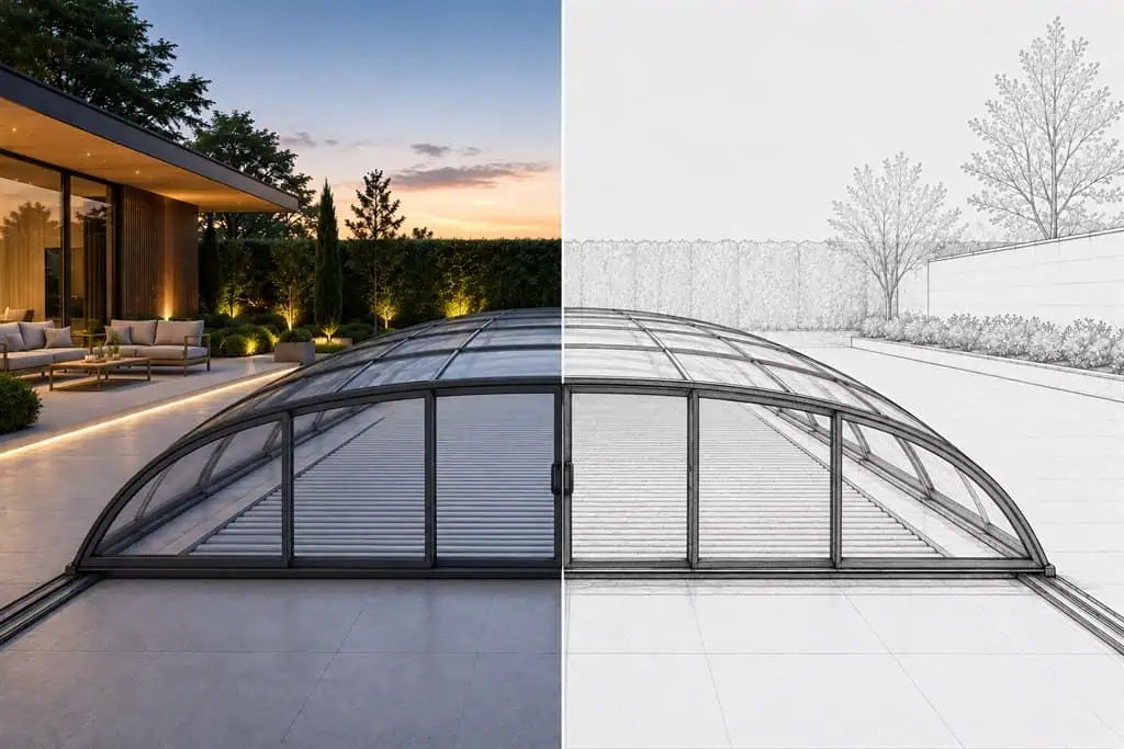 Poolüberdachung über geschlossener Lamellenabdeckung — links als Foto, rechts als technische Zeichnung