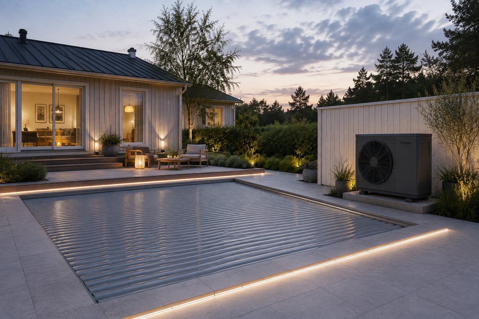Piscine dotée d’un volet hermétique et d’une pompe à chaleur installée au bord du bassin, au crépuscule